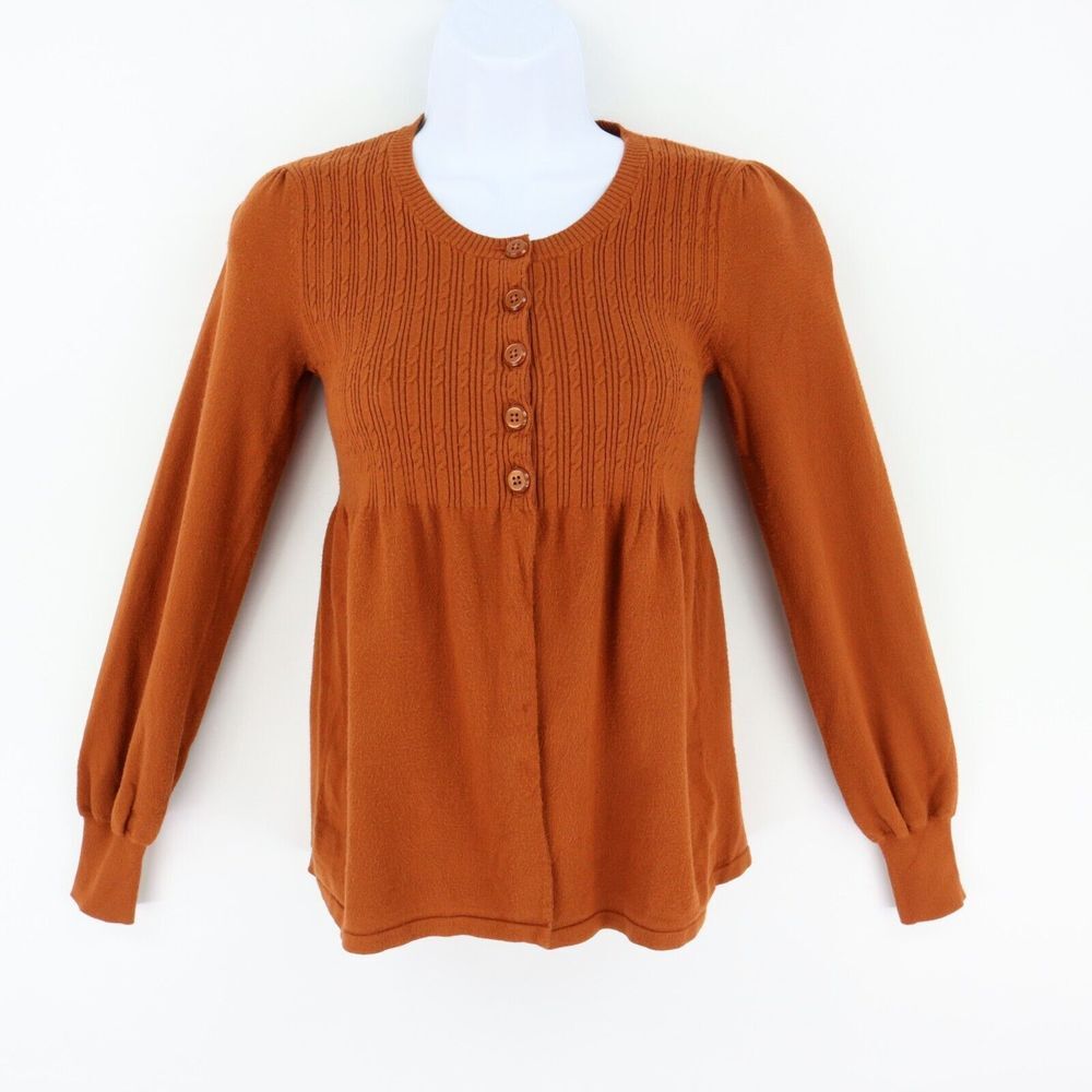 Apt. 9 Tight-Knit Sweater 1/4 Button Round Neck Women S Brown Ribbed Long Sleeve